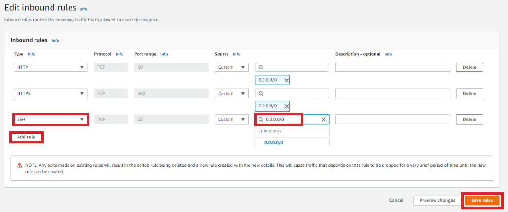 Add your IP address range as a custom SSH rule